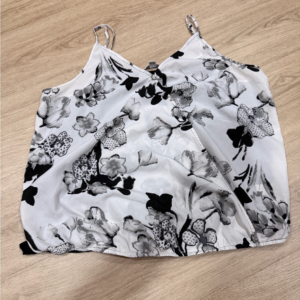 Charming Charlie White Floral V-Neck Camisole with Black Print